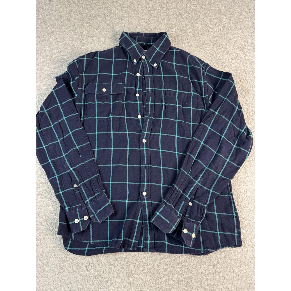 Hugh & Crye Shirt Mens Average/Broad Blue Green Windowpane Twill‎ Button Down